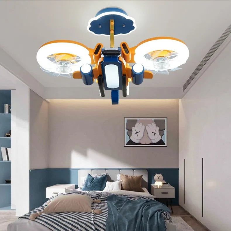 Smart Fighter Boy large room bedroom fan light with metal blades and acrylic lampshade in yellow and blue