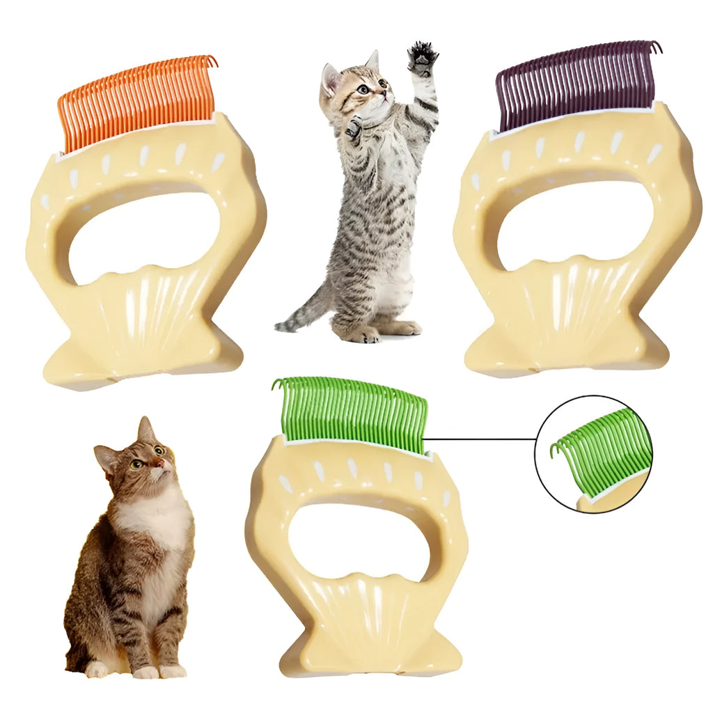 Shell-shaped plastic pet grooming brush with fine bent wire bristles in green colour