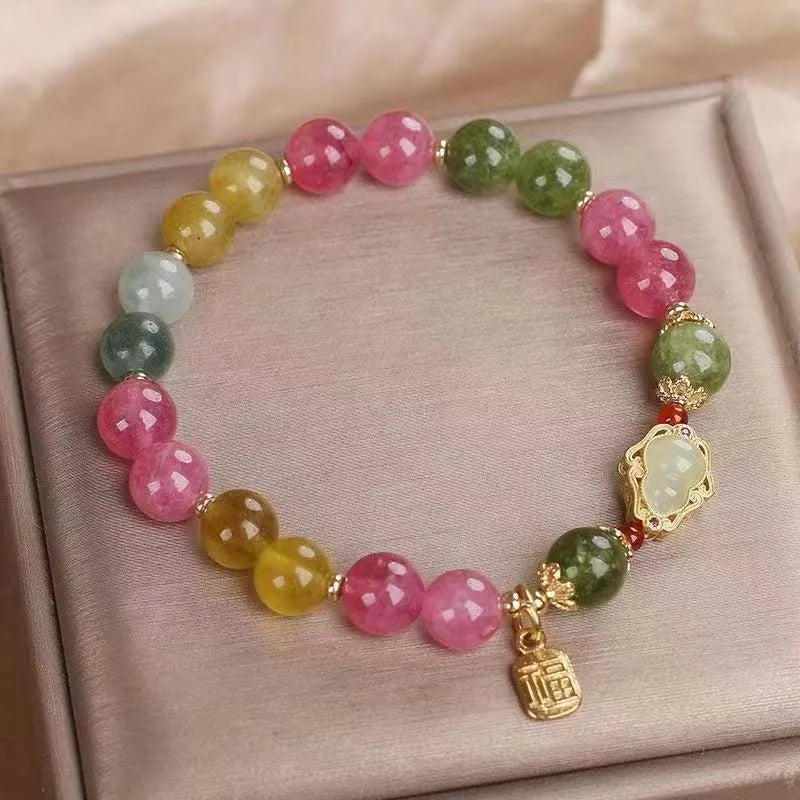 Women's mixed material bracelet with colourful tourmaline gourd blessing card and electroplated finish, flower shape