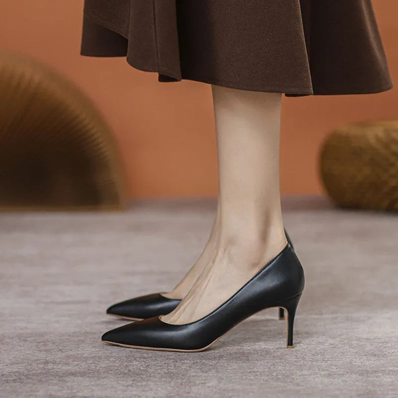 French Pointed High Heel Shoes Black Work Temperament Wide Feet Microfiber Stiletto Heels 6-8CM Court Pumps for Women Office Party Simple Style