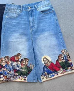 Blue men's cotton shorts with a Jesus design printed on the back pocket.