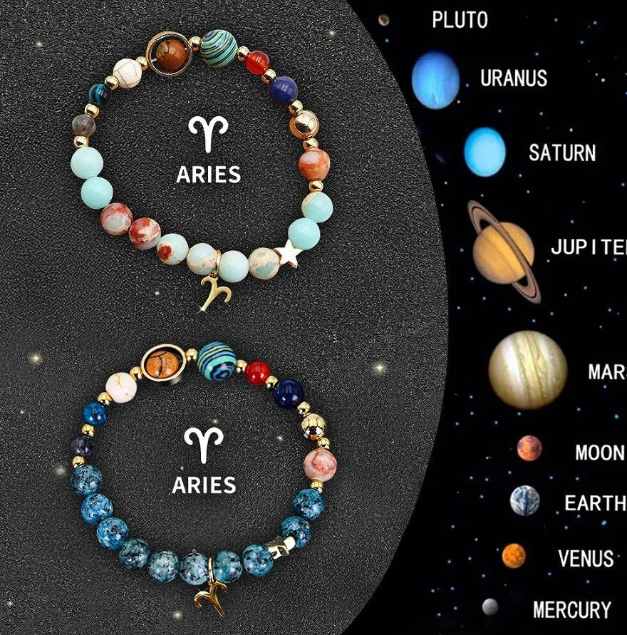 Set of twelve natural stone beaded bracelets showing different zodiac sign symbols