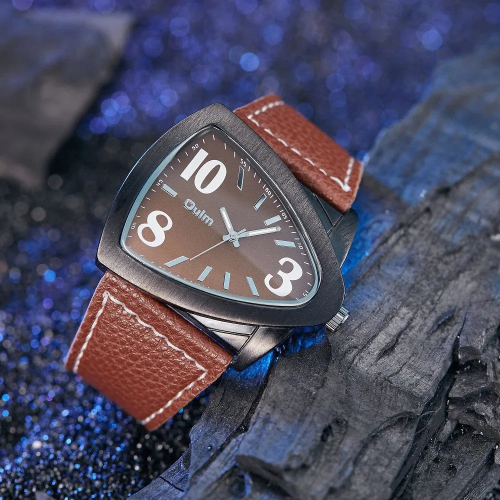 Men's casual triangle belt quartz watch showing 9mm thickness and colour options