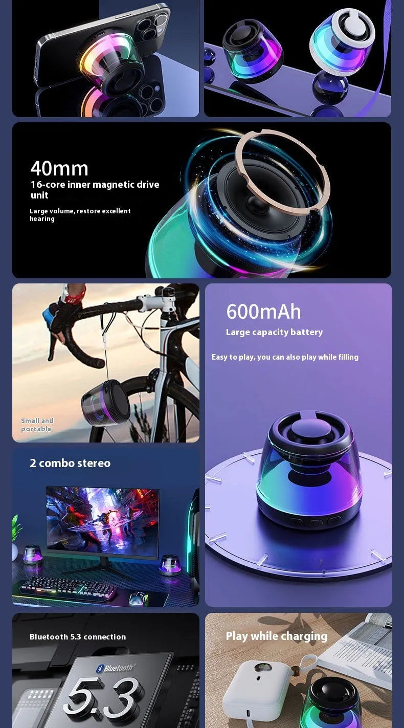 White portable Bluetooth speaker with LED ambience light and magnetic mini design on a desktop