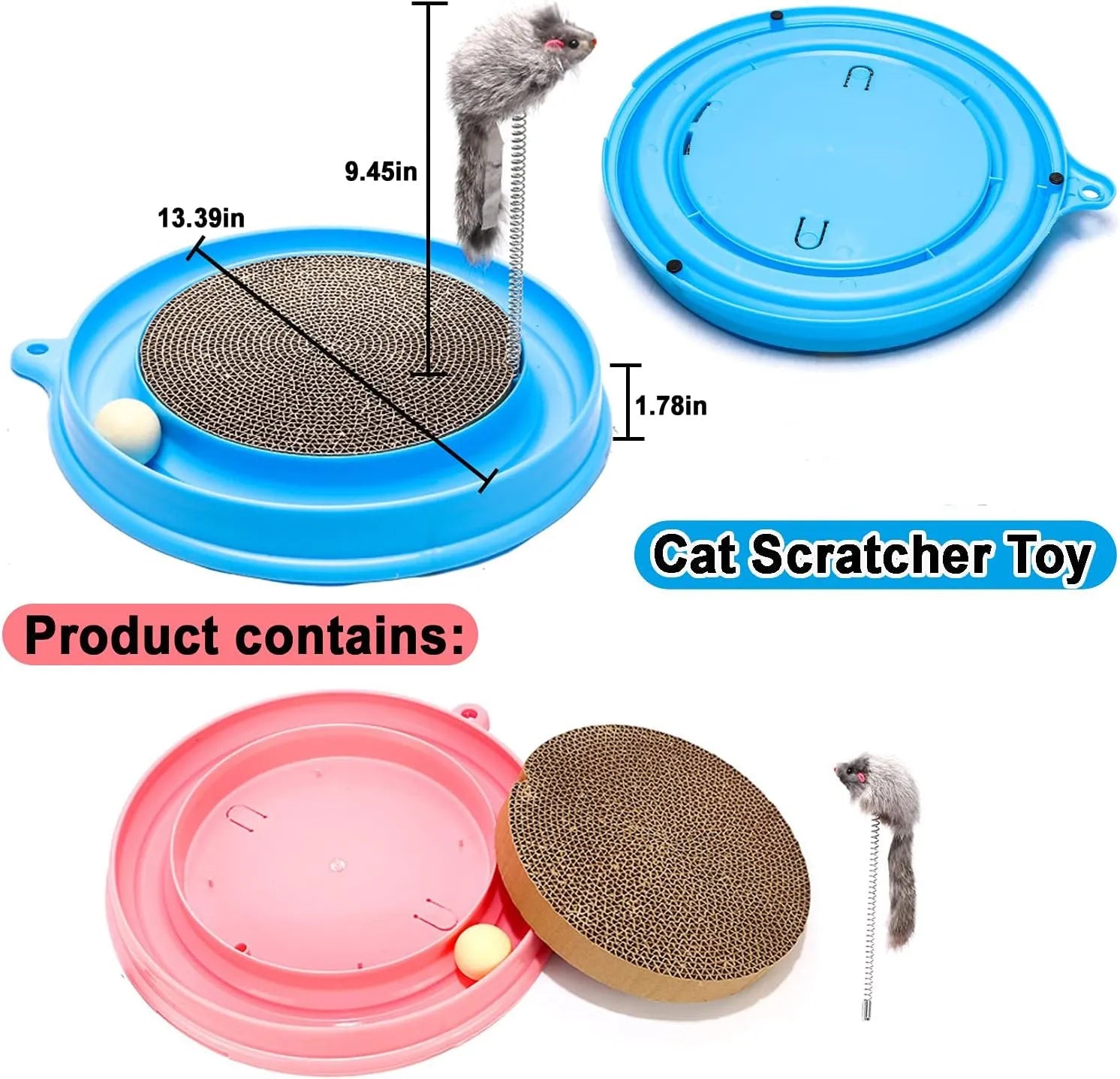 Interactive cat scratcher toy with ball track and replaceable cardboard scratch pad in blue colour