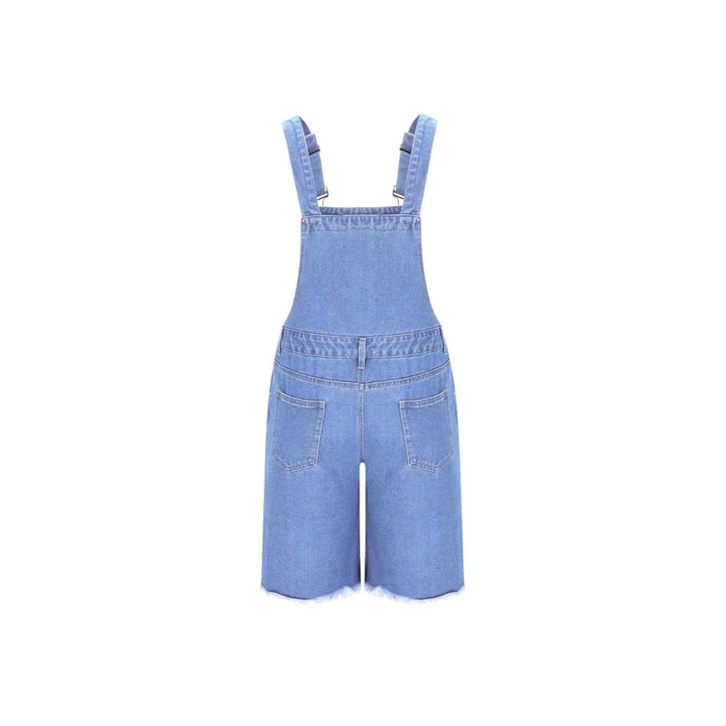 Ripped Leisure men's denim suspender shorts jeans in dark blue, mid-waist straight leg cotton casual wear