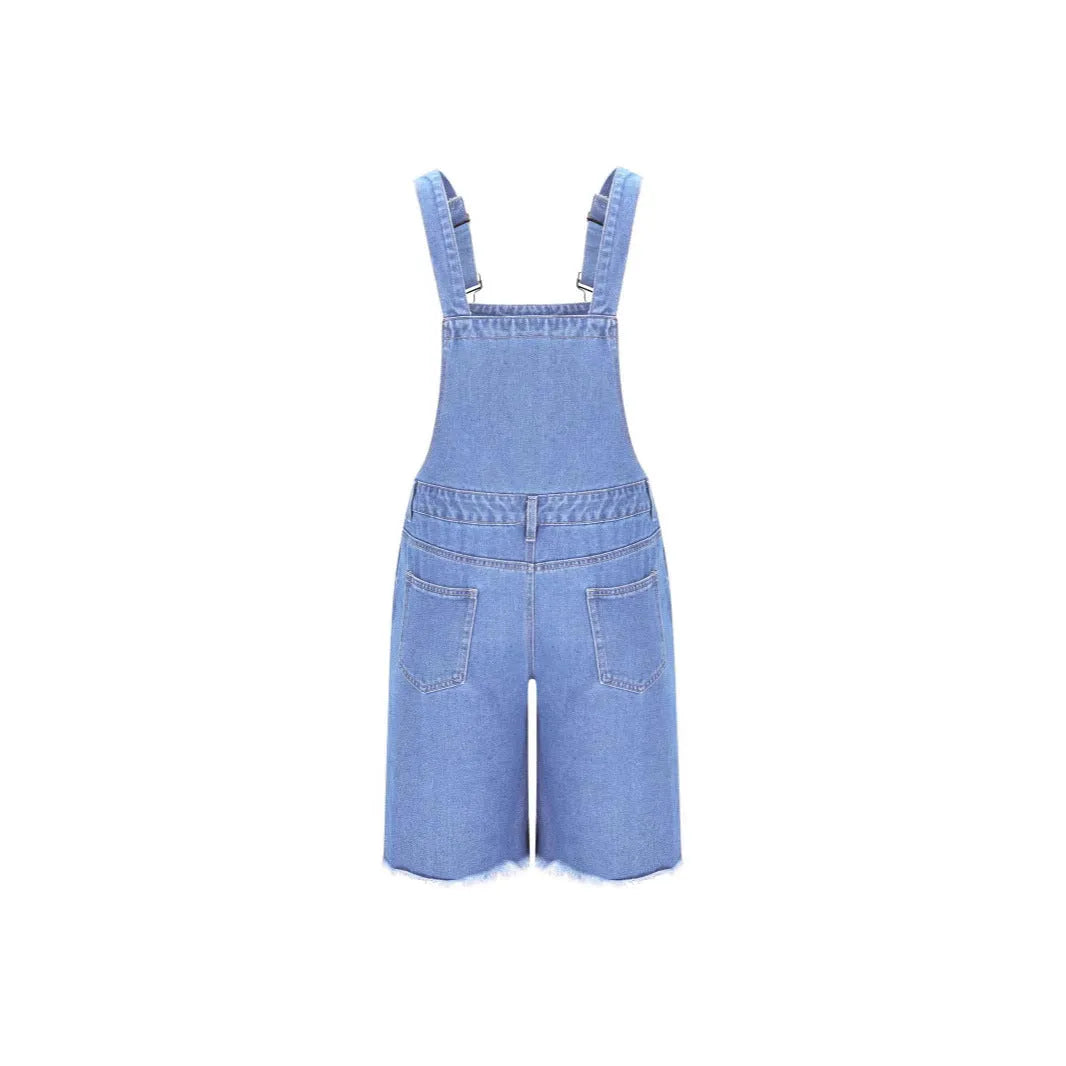 Ripped Leisure men's denim suspender shorts jeans in dark blue, mid-waist straight leg cotton casual wear