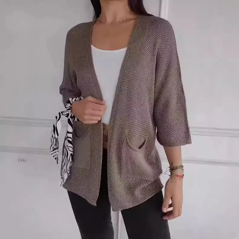 Women's waffle texture cardigan coat in army green with nine-quarter length sleeves and pockets