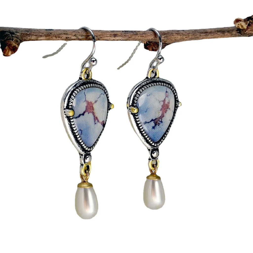 Retro blue drop earrings with geometric Bohemian design featuring synthetic opal and pearl accents