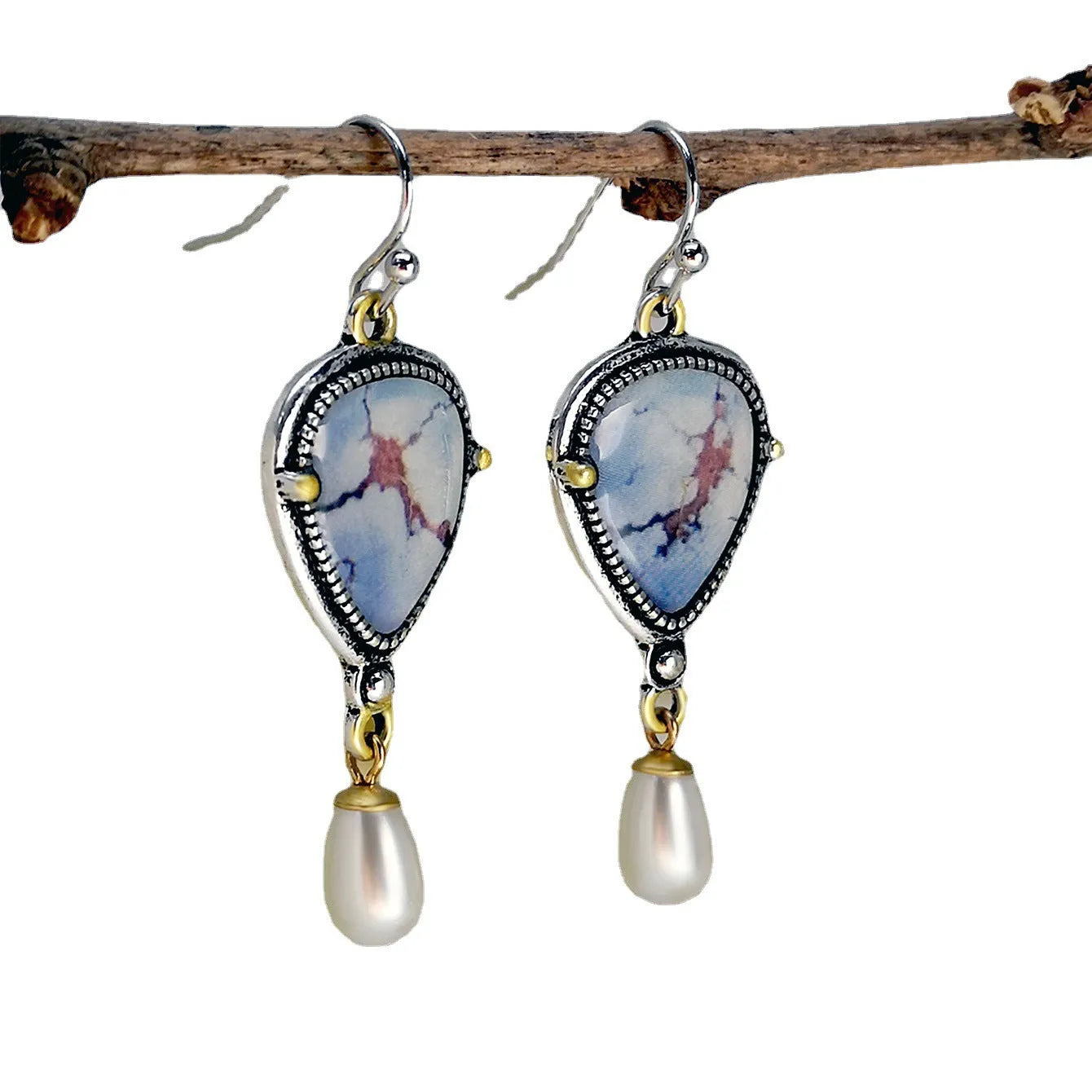 Retro blue drop earrings with geometric Bohemian design featuring synthetic opal and pearl accents