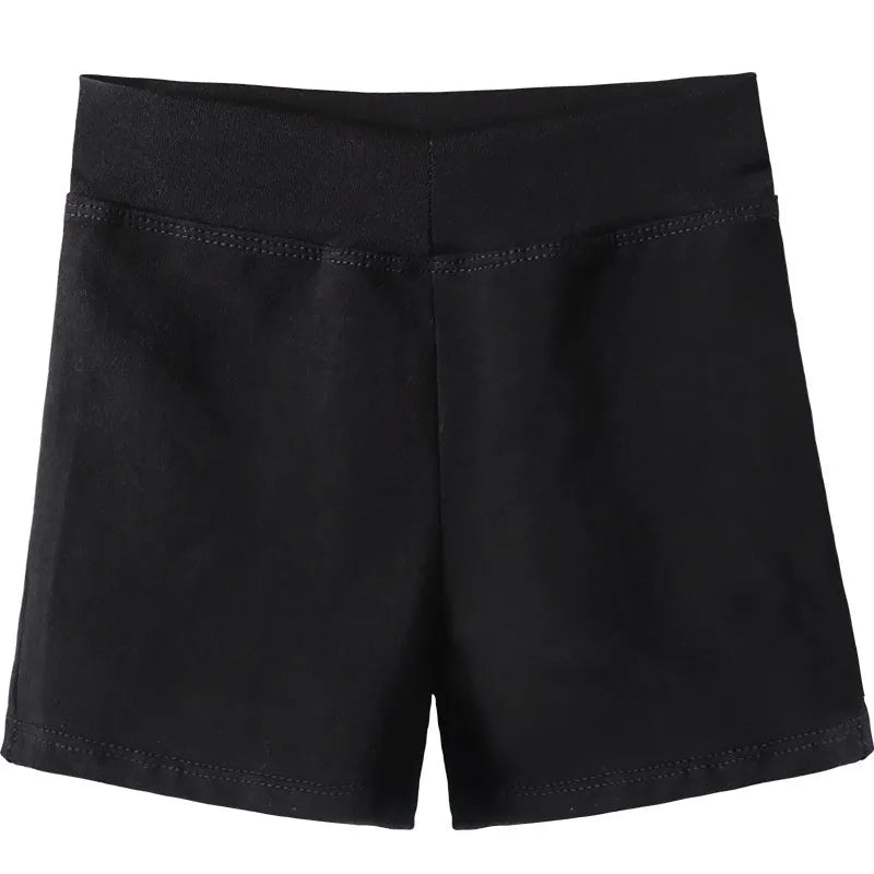 Black cotton women's ballet practice shorts laid flat, solid colour.