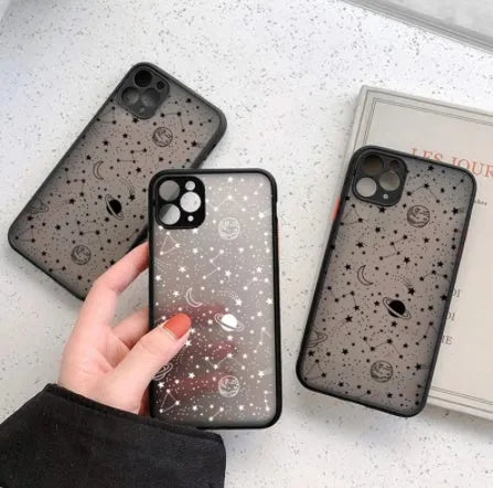 Star universe pattern black phone case for iPhone with skin sensation texture