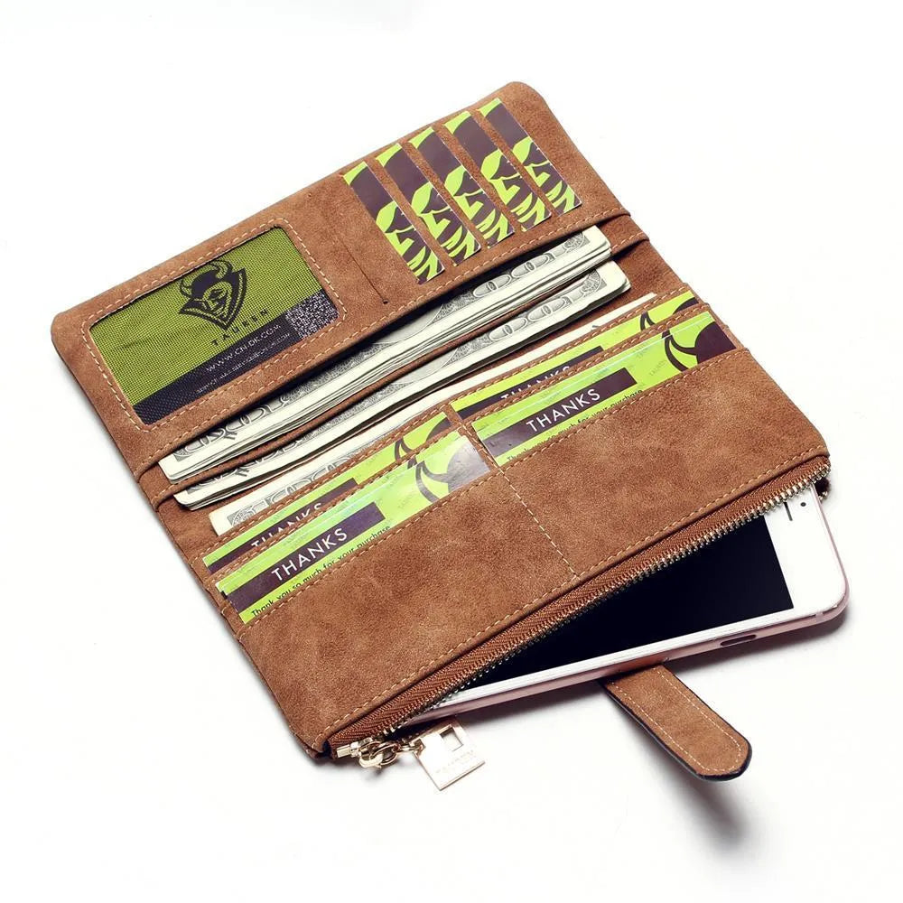 Women's retro matte PU leather long wallet with zip closure showing internal card slots and compartments