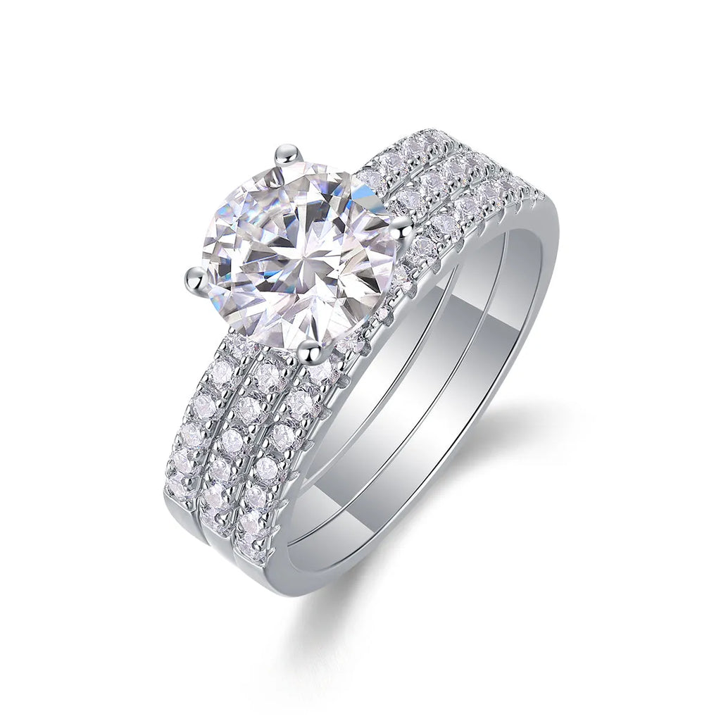Dreamy 2-carat moissanite wedding ring set on white background, S925 silver platinum-plated band