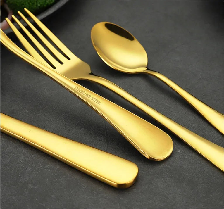 High-end tableware 24 piece set in stainless steel with one-piece moulding, available in multiple colours including black gold and rose gold