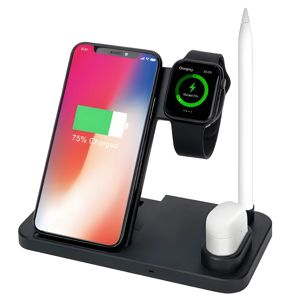 Black 4-in-1 wireless charging station for iPhone, Apple Watch, AirPods and Apple Pencil on a desk