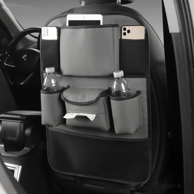 Genuine leather car seat back storage bag shown hanging on a car seat in one of four colours: black, grey, green or brown.