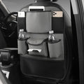 Genuine leather car seat back storage bag shown hanging on a car seat in one of four colours: black, grey, green or brown.