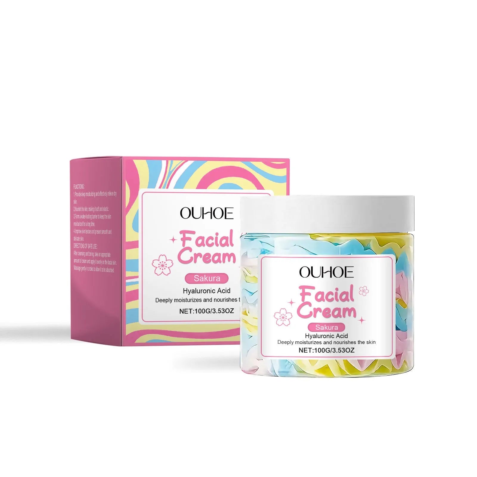 Sakura butter cream moisturiser in 5.7cm cube container with 100g net content for facial skincare