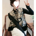 Women's Tang Suit retro vest with plant and flower pattern and button front cardigan style in picture colour