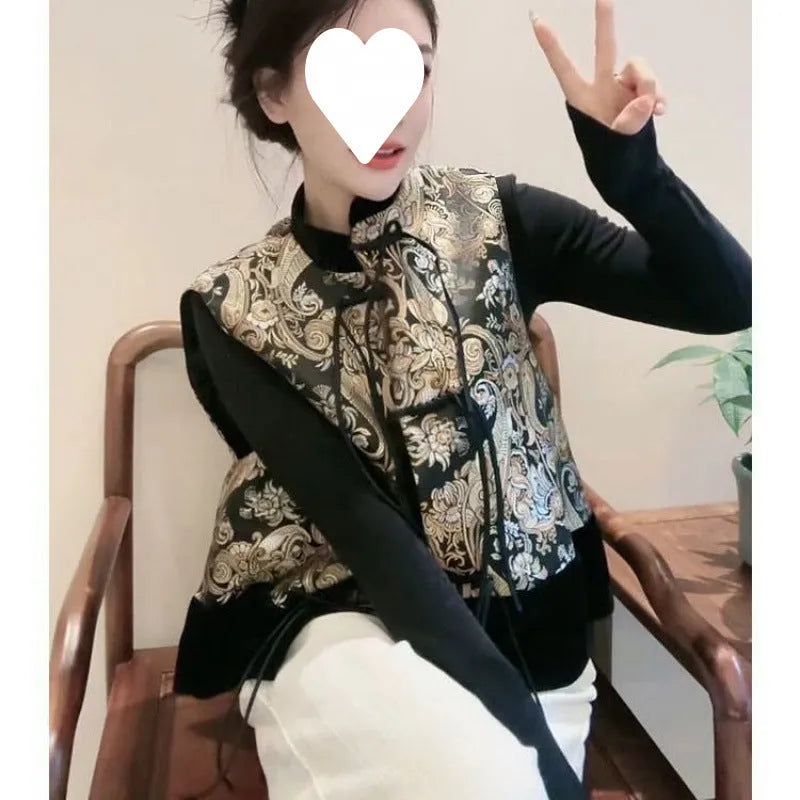 Women's Tang Suit retro vest with plant and flower pattern and button front cardigan style in picture colour