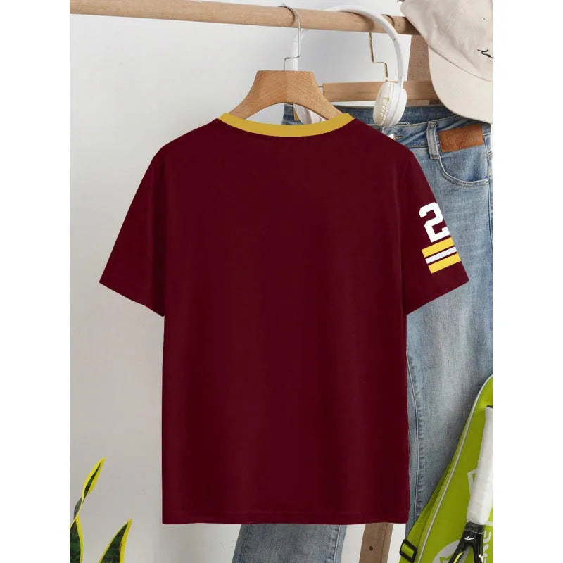 Red cotton t-shirt with digital letter printing, loose fit, short sleeves