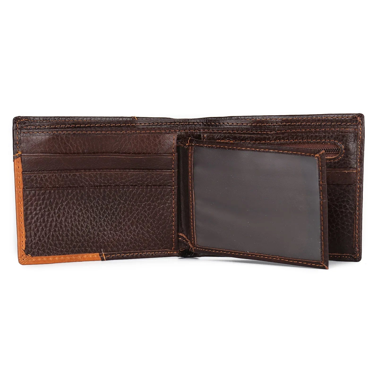Brown cowhide leather men's wallet with car stitching detail showing multiple card slots and compartments