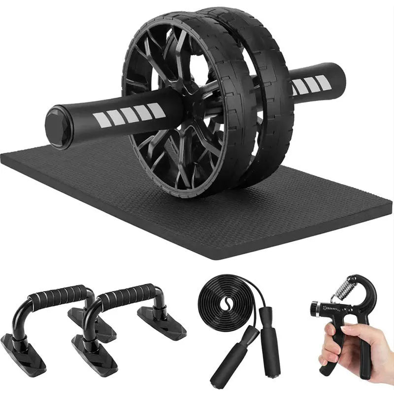 Indoor sports equipment push-up bracket in black with seven abdominal wheel pieces