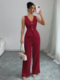Women's black sleeveless vest and high waist trousers two-piece casual set.