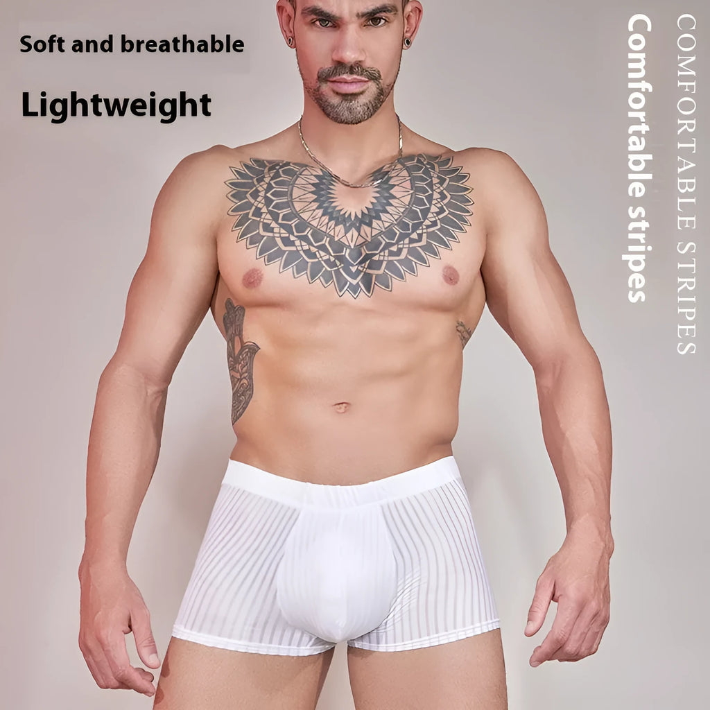 Men's striped underwear in transparent nylon fabric, shown in black, dark grey, and white colours