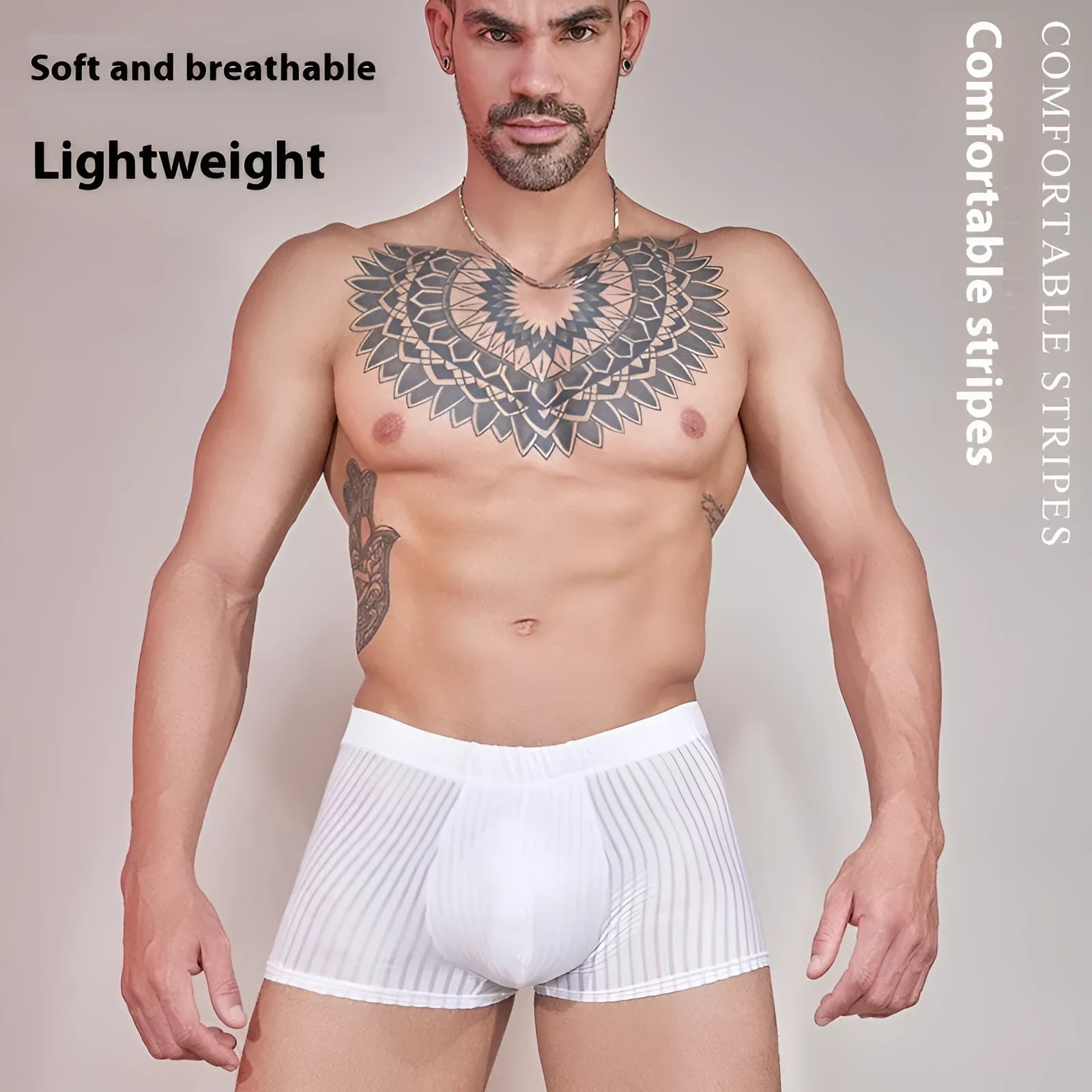Men's striped underwear in transparent nylon fabric, shown in black, dark grey, and white colours