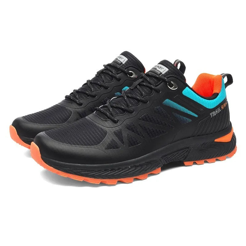 Men's plus size black mesh outdoor running shoes with round toe and lace-up front on neutral background