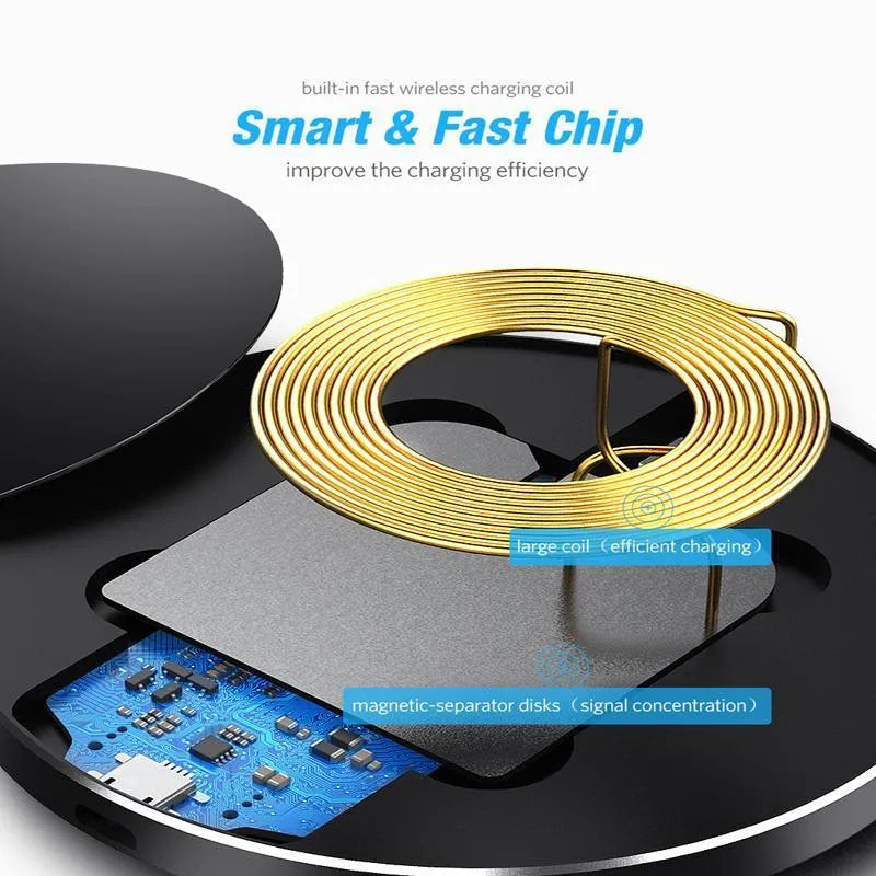 Black ultra-thin wireless charging base with 98mm square design for QI smartphone charging