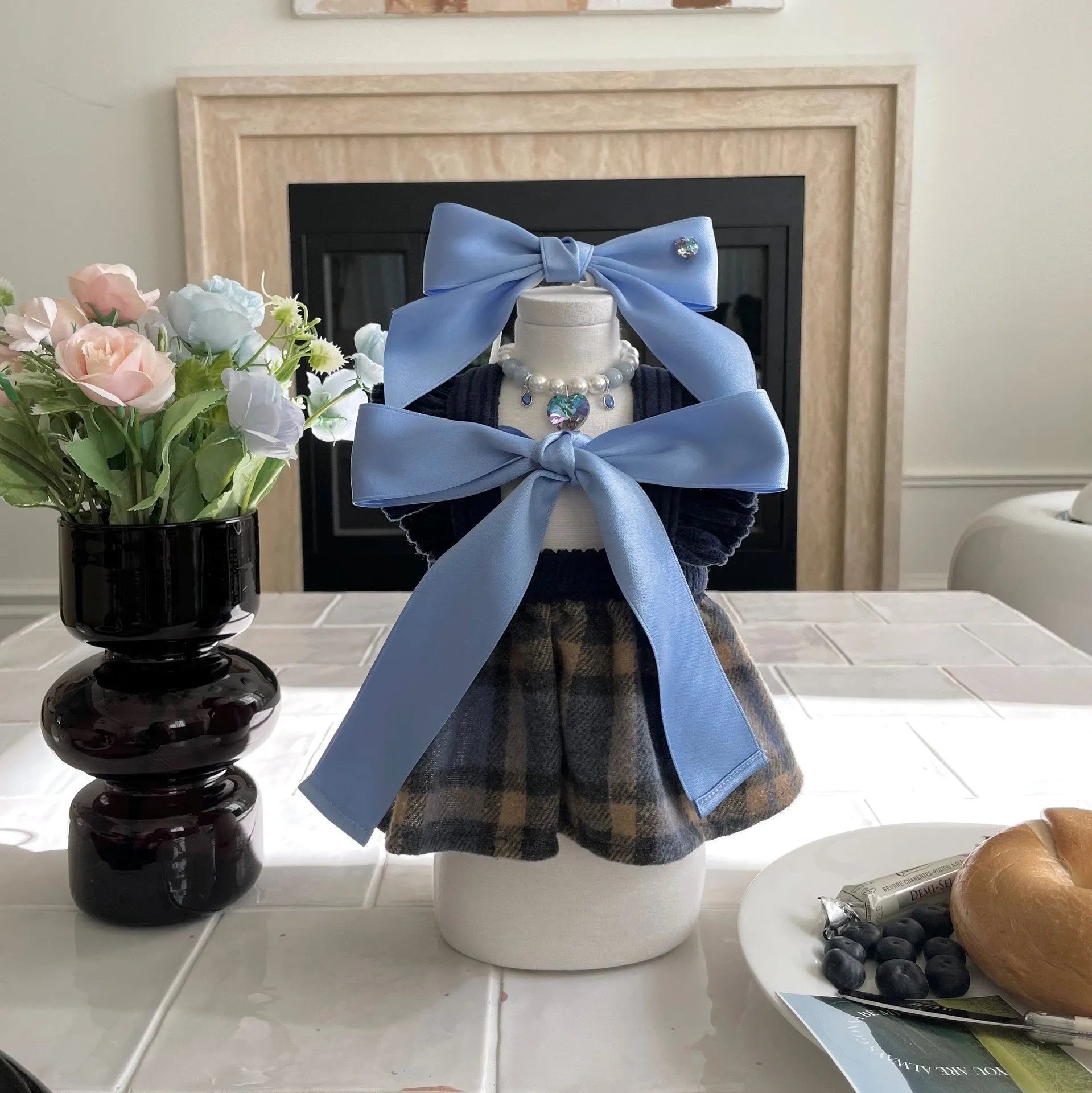 Princess style bow dog hair band with adjustable tension on blue polyester cotton ribbon
