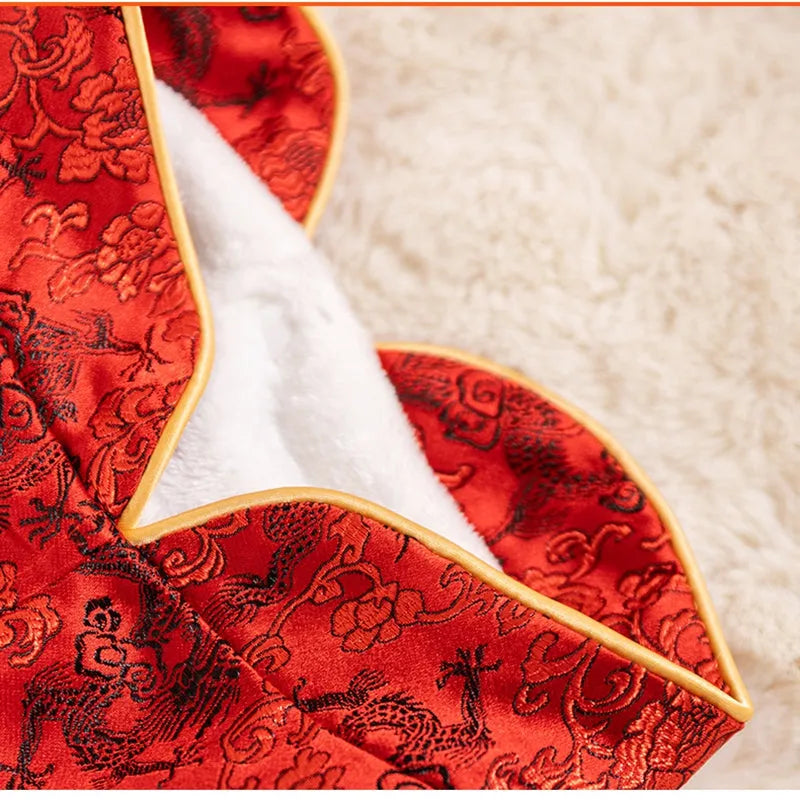 Chinese-style cotton-padded pet coat for large dogs in red with dragon embroidery and rabbit fur collar