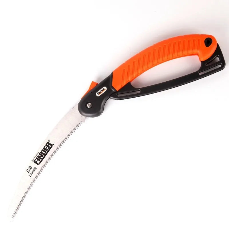 9-inch folding garden hand saw with black TPR rubber grip and silver steel blade shown both open and closed.