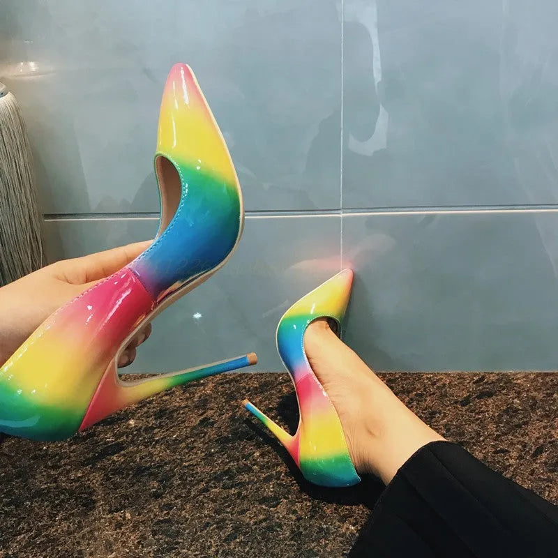 Rainbow patent leather women's stiletto sandals with pointed toe and ultra-high thin heels