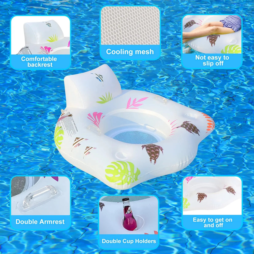 White luminous U-shaped inflatable float showing 120cm dimensions and seat design