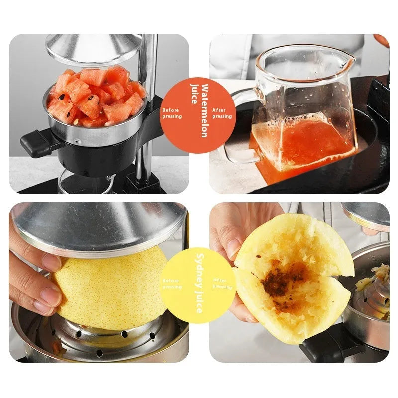 Cast iron manual citrus juicer with stainless steel strainer, 40cm height, in black colour