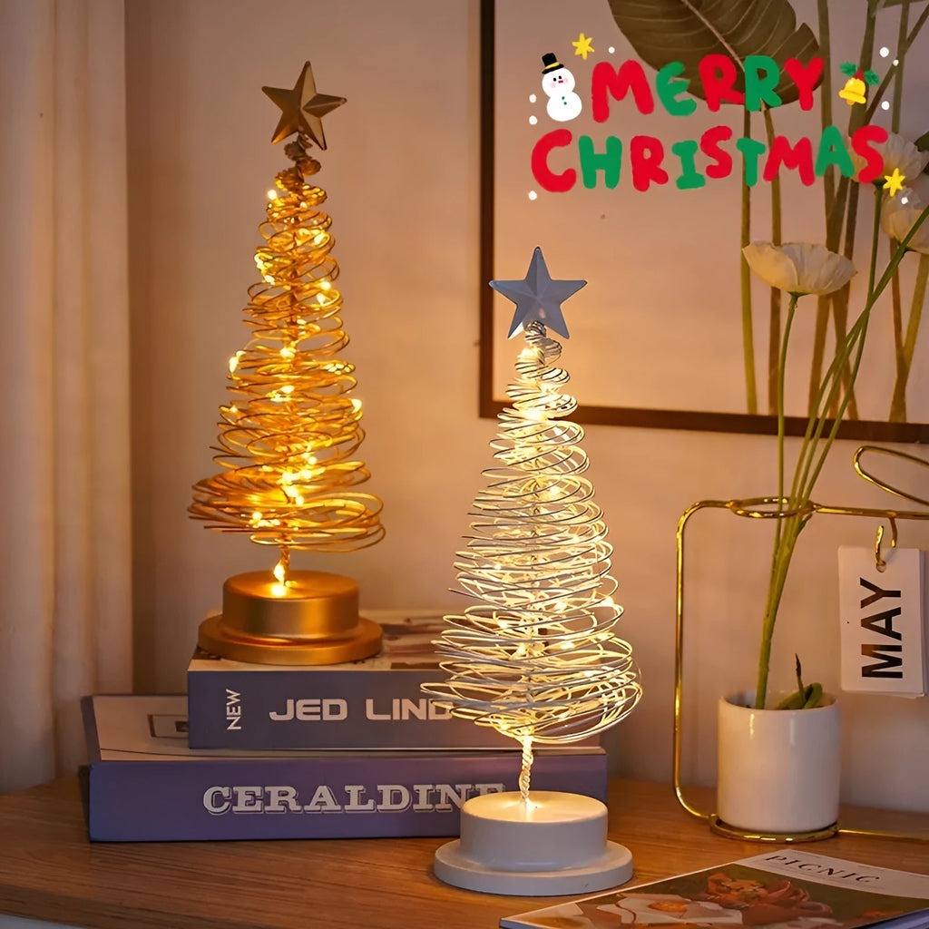 LED Christmas tree spiral light ornament in iron, golden finish, 33cm tall, warm white glow on a tabletop