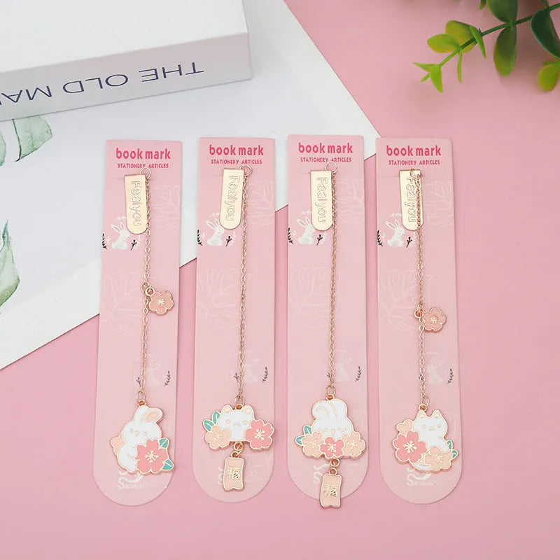 Creative cartoon metal pendant bookmark featuring cherry blossom cat or rabbit design, student book holder