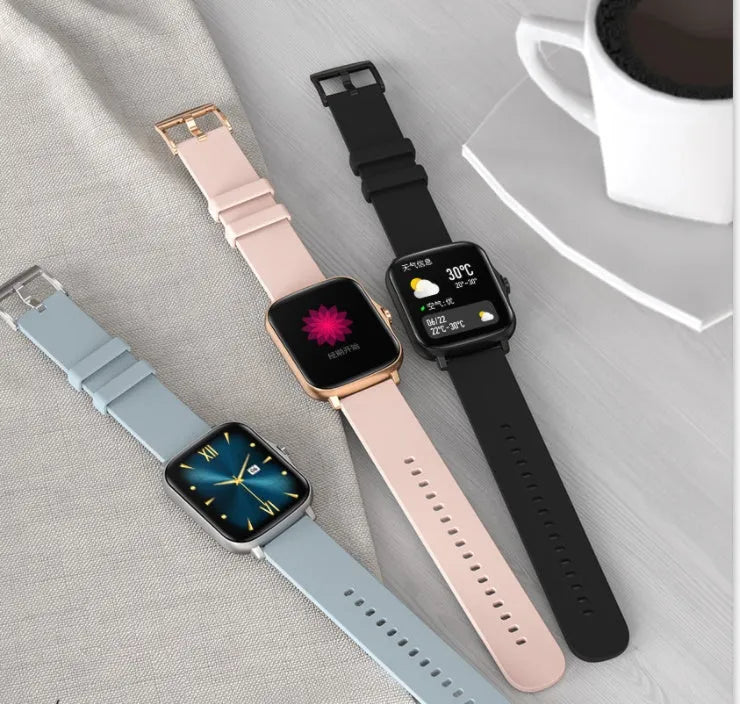 Smart sports watch with blue strap and 1.7-inch colour touch screen displaying fitness metrics