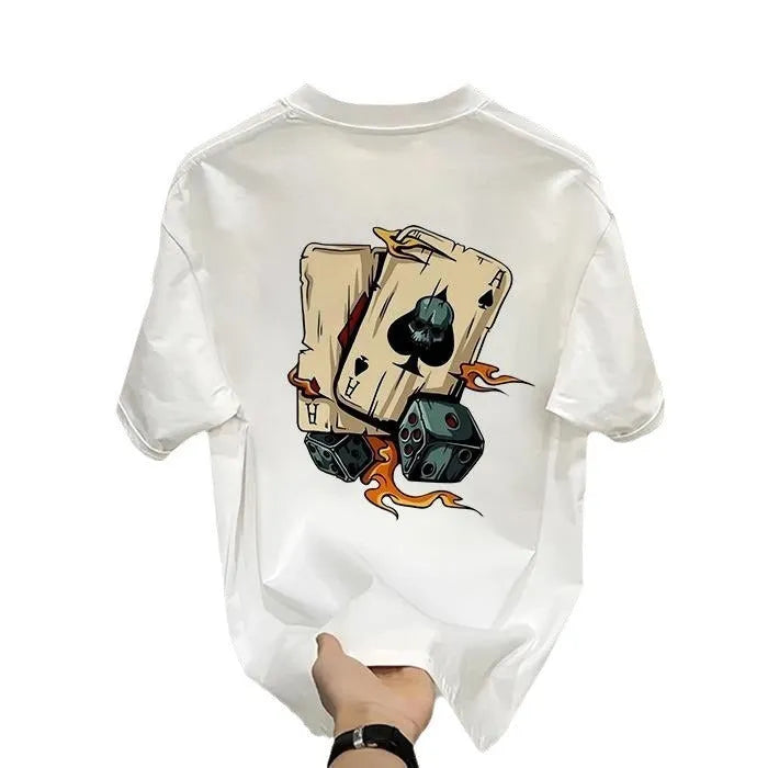Heavy cotton printed men's short-sleeved t-shirt in black with pure cotton fabric, available in sizes S to 5XL