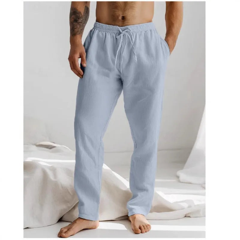 Men's summer trousers in cotton and linen, elastic waist with drawstring, available in white, gray, khaki, light blue
