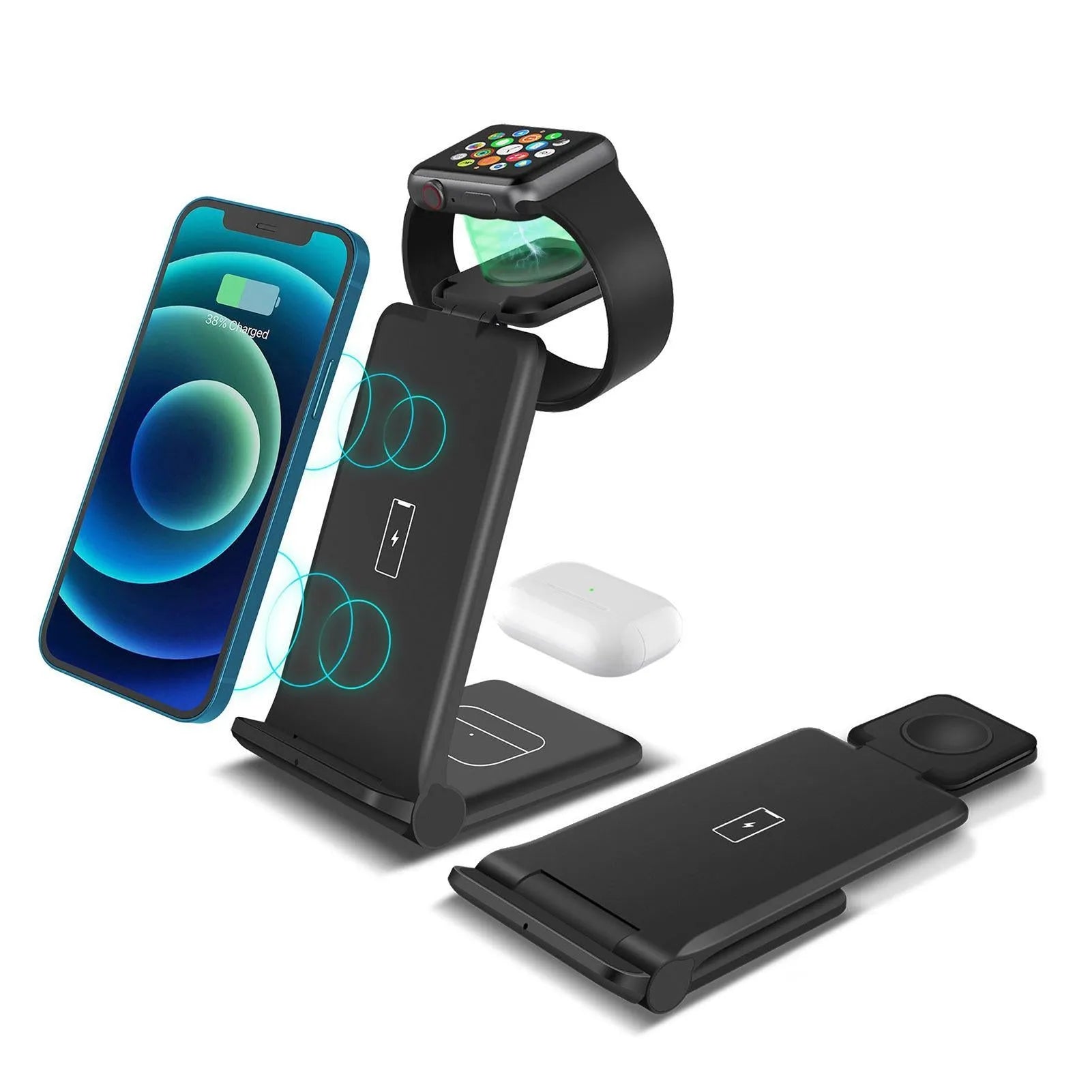White foldable 3-in-1 wireless charging station dock for iPhone, Samsung phone, Apple Watch, and AirPods.
