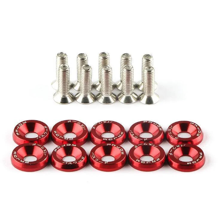 Ten car modification gasket screws in assorted colours on a dark background