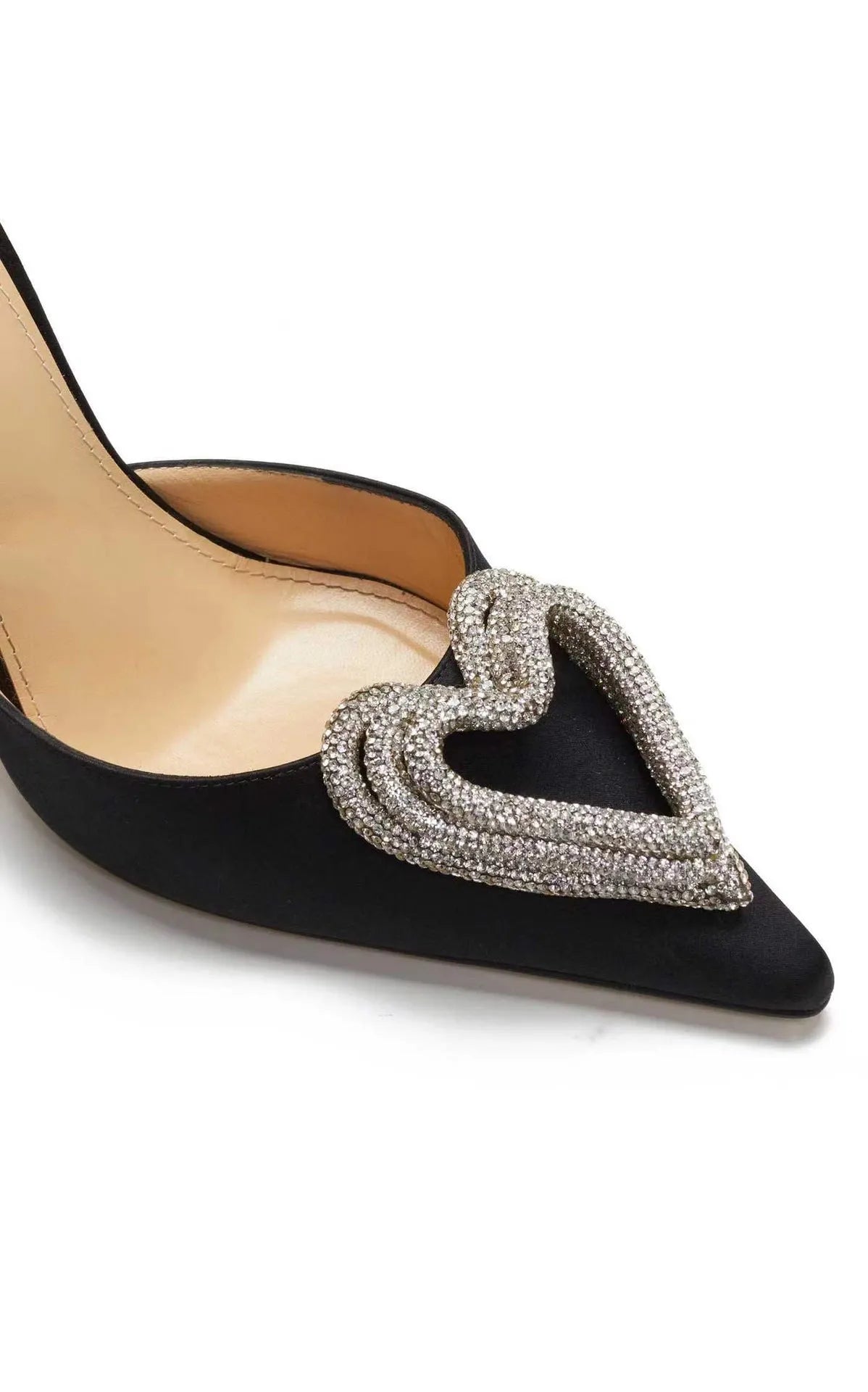 Women's satin sandals with heart-shaped rhinestone decoration and pointed toe design in three colour options
