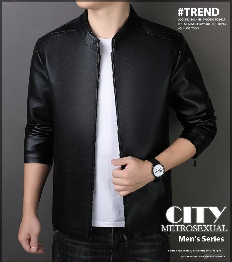 Men's PU leather jacket loose fit medium length 65cm in black, brown, and purplish red
