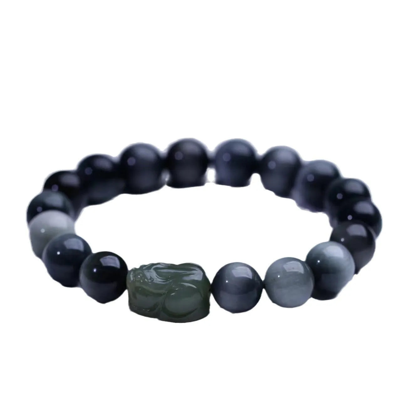Natural Hetian jade and eagle eye stone Pixiu bracelet, 10mm, black colour, unisex, handcrafted