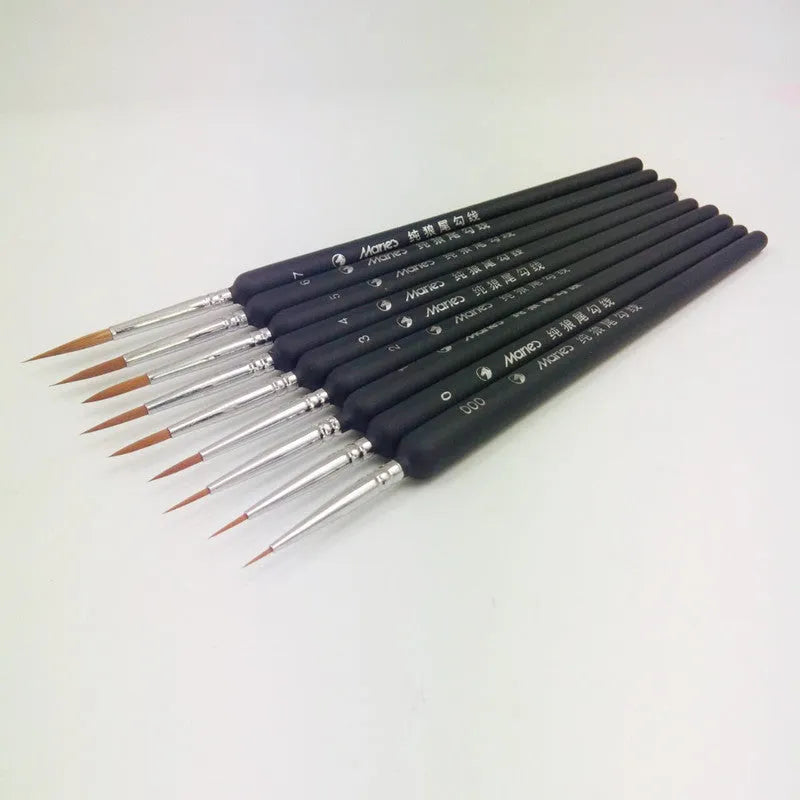 10pcs black wolf hao hook liner paintbrush set sizes 000 to No. 7 with wooden handles